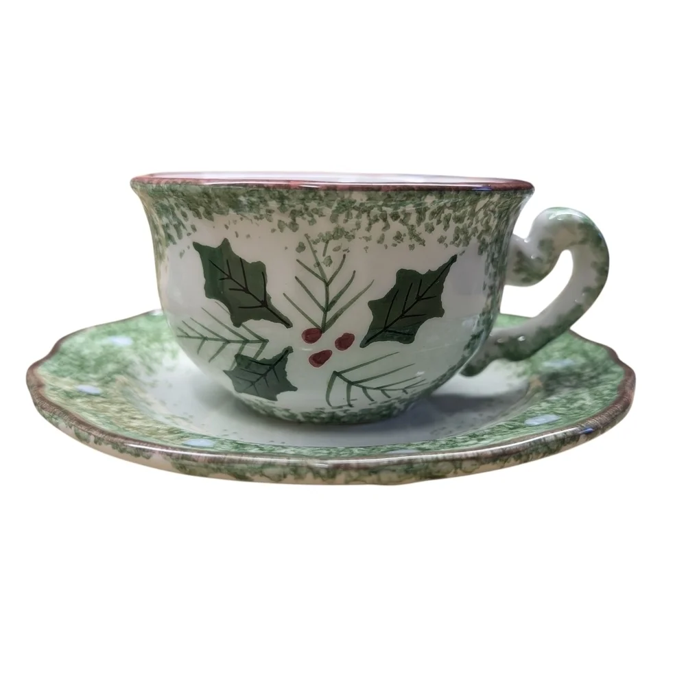 Festive Green White Holly Mistletoe Teacup Set Matching Cups Saucers Coffee Tea